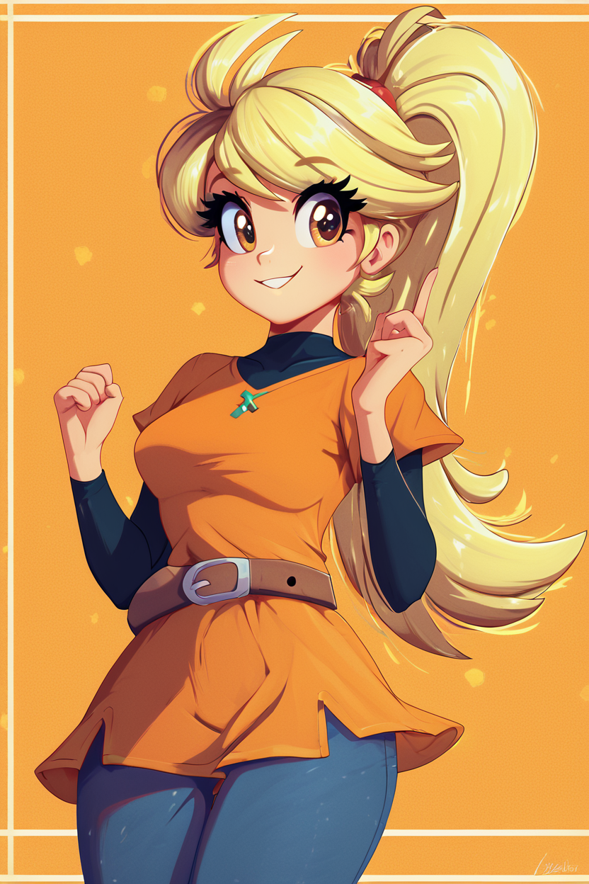 score_9, score_8_up, score_8, medium breasts, (curvy), cute, eyelashes,       BREAK, , zzYellow, brown eyes, blonde hair, long hair, ponytail, bangs, orange tunic, brown belt, pants, <lora:Yellow_Pokemon_PDXL_v2:0.8>, , BREAK, smile, looking at viewer, cowboy shot, embedding:zPDXL,  <lora:theButcherXPDXL:0.8>,