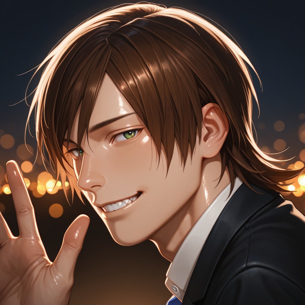 masterpiece, best quality, amazing quality, absurdres, newest, detailed background, definition so sharp, Ultra-HD, 8K cinematic, very awa, impressionate, amazing quality, highres, 
solo, male focus, manly, shadow, shiny skin, mature male, extream close-up, soft coloring,
shibukikujira, shibuki_brunette, shibuki_green eyes, 1boy, middle hair, white collared shirt, blue vest, black blazer, bokeh, night, serene, from side, looking at viewer, smile, teeth, waving,
