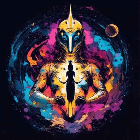 a cosmic entity in the form of a woman of enormous size holding a human being. The essence shimmers with all colors. Around the space space filled with galaxies and space gas clouds.colorful accent colors,great lighting, cinematic lighting, highly detailed, breathtaking, high resolution, 8k uhd [Carne Griffiths],[Conrad Roset],((migrainzxxl)) [Brian Kesinger] (Edward Hopper)