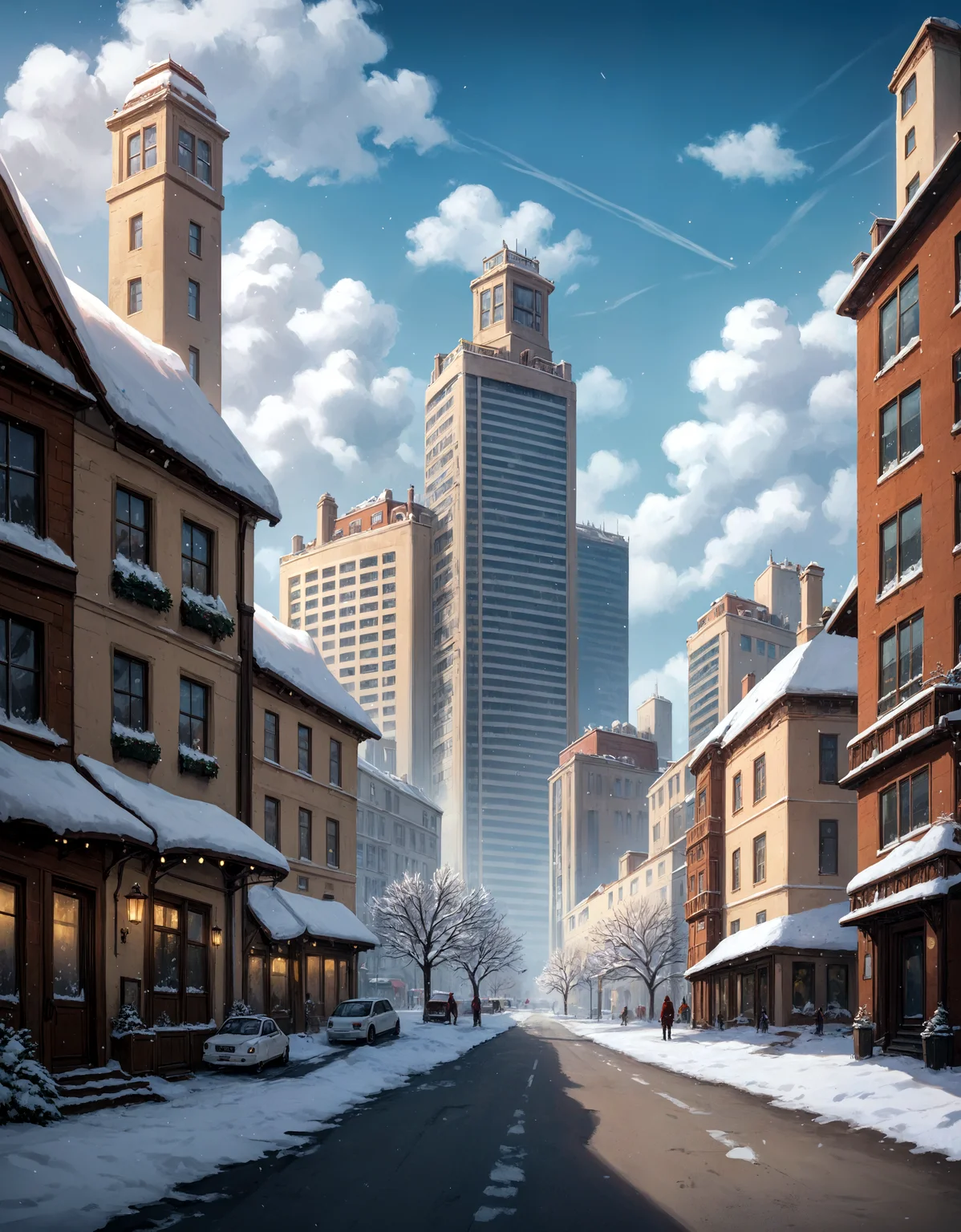 score_9, score_8_up, score_7_up, no humans, scenery, day, building, city, cloud, outdoors, overgrown, sky, tree, winter clothes