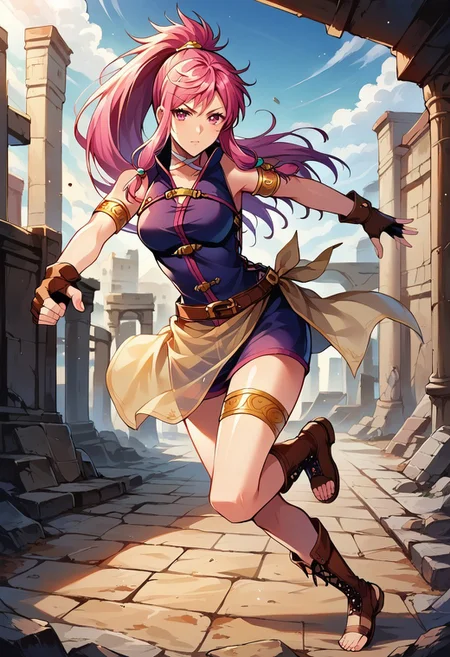1girl, solo, alone, score_9, score_8_up, score_7_up, masterpiece, high quality, source_anime, very detailed, depth of field, cinematic illumination, volumetric lighting, full color picture, vibrant colors, solo, alone, 1girl, cute face, pretty,

MrsFE, pink hair, long hair, ponytail, sidelocks, pink eyes, CFit, white choker, purple dress, sleeveless dress, short dress, bare shoulders, gold armlet, brown fingerless gloves, see-through short sarong, brown belt, gold thigh strap, brown cross-laced toeless footwear,

ancient ruins, dirt floor, ruins, broken stone,

full body, action pose, dynamic, jumping at viewer, looking at viewer, facing forward, serious, fighting pose, 