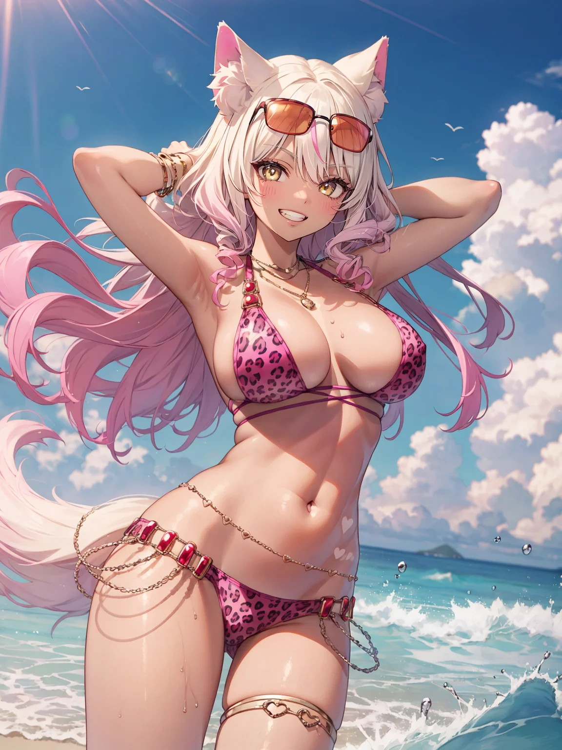 large breasts, long hair, animal ears, animal ear fluff, fox girl, swimsuit, bikini, animal print, leopard print, jewelry, dark skin, gyaru, tan, sunglasses, eyewear on head, multicolored hair, gradient hair, blonde hair, pink hair, fox tail, belly chain, bracelet, necklace, heart, beach, grin, arms up, hands on hair, floating hair, <lora:SuzukaGozenSwimsuit:0.7>
