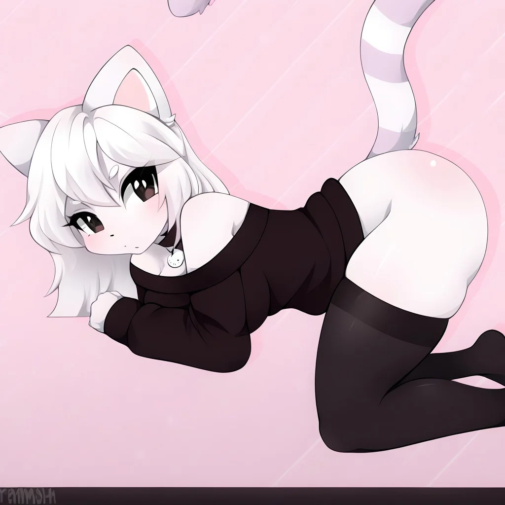 Naomi, large eyes with gradient colors of pink, wearing an off-the-shoulder black sweater with a small heart detail, fur with light stripes, a choker necklace with a cute charm, cat tail, tail, 1tail, animal tail, black eyes, white skin, white hair, furry, perfect quality, masterpiece, best quality, 4K, Black stockings,Serious face, tall, 25 years ,
top-down bottom-up
from behind
ass
doggystyle
<lora:PonyMinimalStyle:1>,