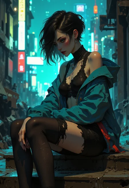 hyperrealistic digital painting by J. Scott Campbell and Thomas Saliot and Jeremiah Ketner and Lois van Baarle, lifelike anime, incredibly detailed, bokeh, ultra realistic, 8k, incredibly beautiful and exotic 20 year old Japanese woman, dark pixie cut hair with asymetric bangs, dark beautiful eyes, eyeliner, double lids, dramatic eyeshadow makeup, blush, medium breasts, round hips. She sits on a dirty set of stairs outside of a dilapidated apartment building, moody light. In the distance the neon colored glowing lights of a dystopian future megacity. light fog lingers, there is a hint of sadness. into the light of the background. She wears torn fishnet stockings, and an open plain back jacket a back frayed bra and bare midriff under. Quarter side view. Cowboy shot. Perfect hands, perfect anatomy, hyperrealistic