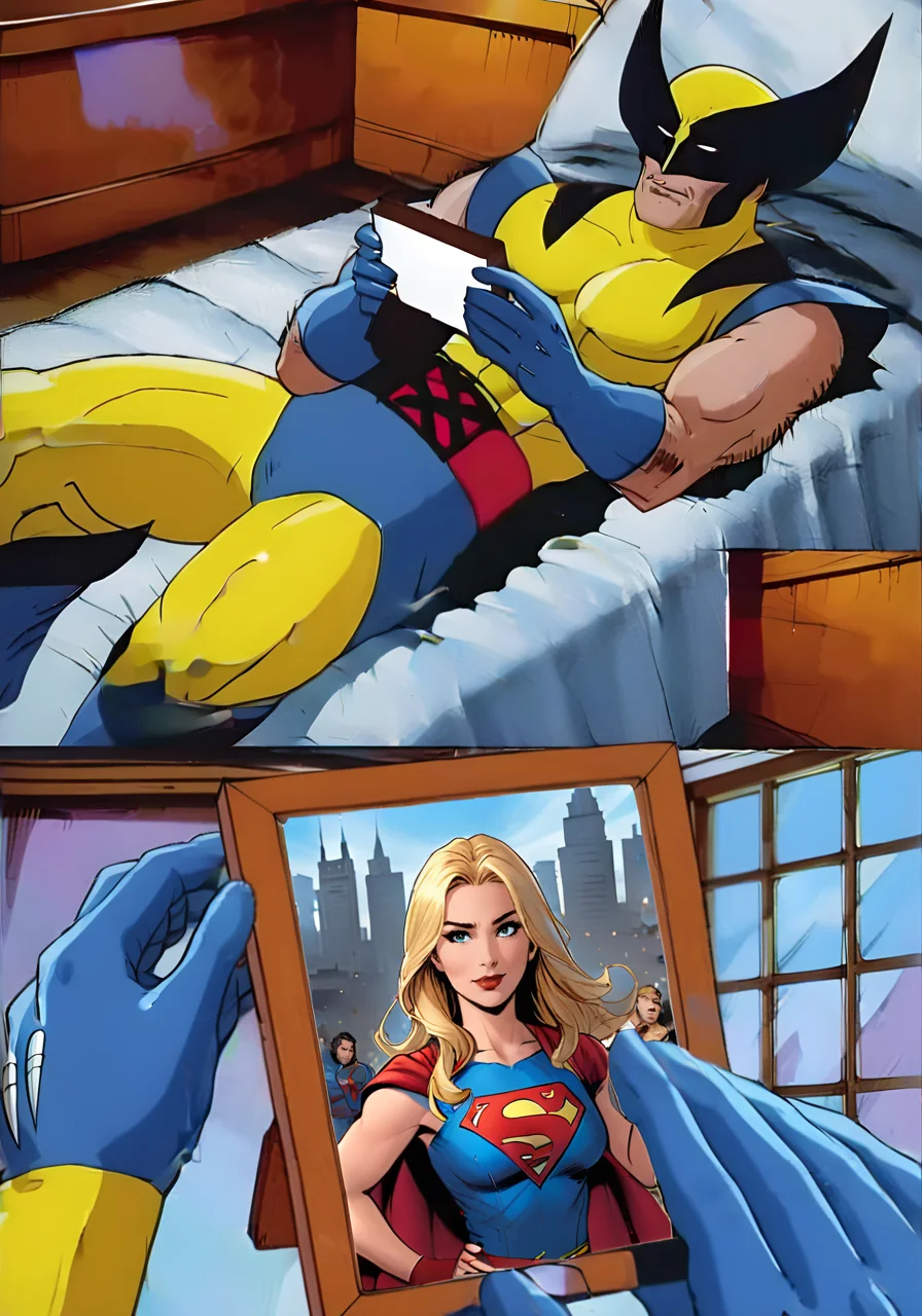 Wolverine holding a picture frame of supergirl, comic panels, <lora:wolvmemesdxl:0.8>, wolvmemesdxl, cartoon, best quality, x-men, 2panel