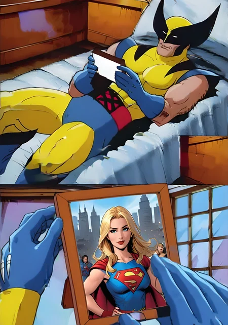Wolverine holding a picture frame of supergirl, comic panels, <lora:wolvmemesdxl:0.8>, wolvmemesdxl, cartoon, best quality, x-men, 2panel