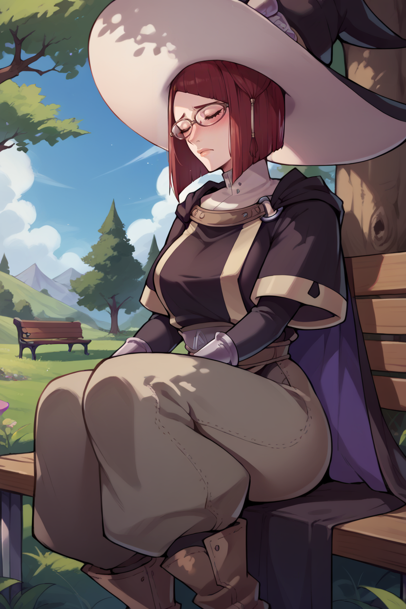 score_9, score_8_up, score_7_up, score_6_up, source_anime BREAK 1girl, solo,  <lora:femiriel-pdxl-nvwls-v1-000005:1> miriel, red hair, witch's hat, glasses, cape, black robe, brown pants, big breasts, sitting, blush, closed eyes, bench, hands on own legs, trees, field