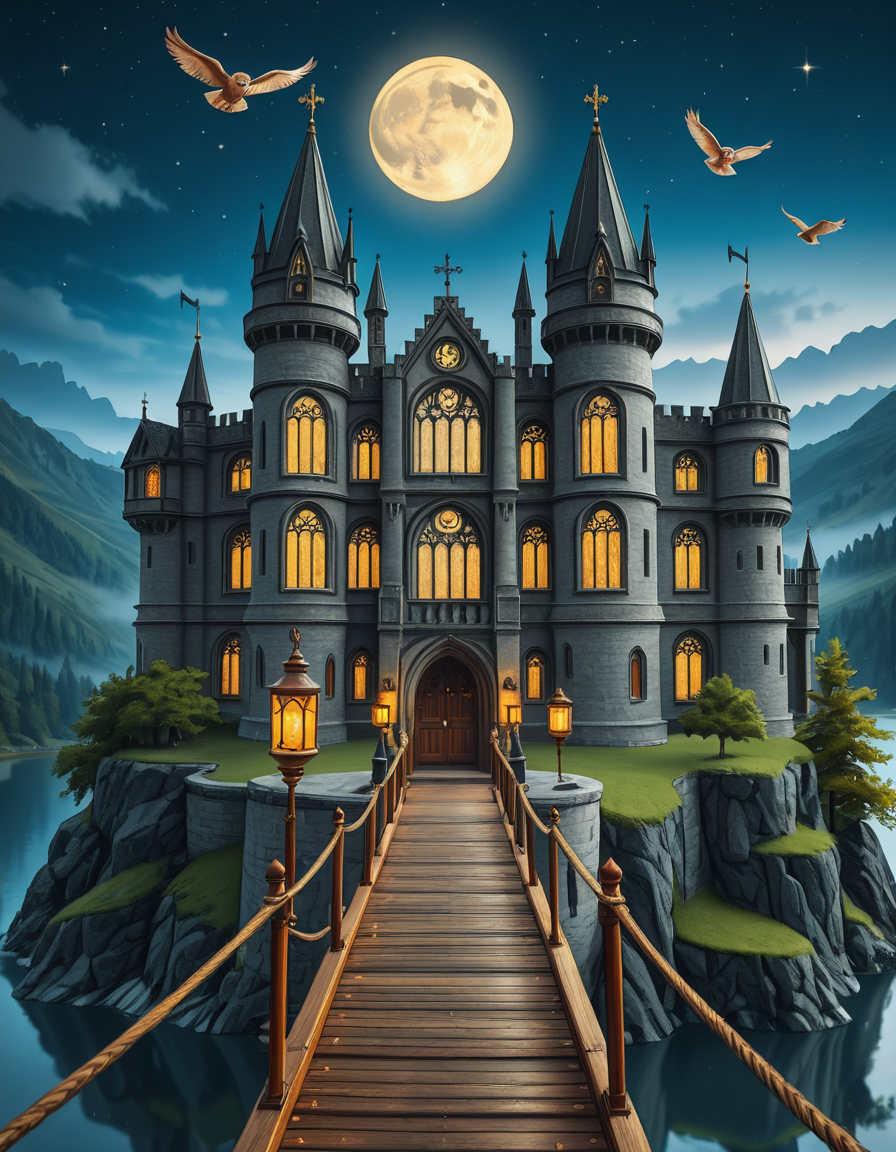 A majestic, ancient castle perched on a rocky hill, serving as a prestigious school for young wizards. The castle is a grand structure with towering spires, intricate gothic architecture, and large stained-glass windows that glow with magical energy. The stone walls are covered in ivy, and enchanted lanterns float around the entrance, casting a soft, mystical glow. A massive wooden bridge leads to the main gate, suspended over a misty, enchanted lake that reflects the moonlight. In the background, rolling green hills and dense, fog-covered forests surround the school, adding an air of mystery. The sky is a deep twilight blue, with stars twinkling and a full moon shining brightly. Some windows in the castle emit warm, golden light, hinting at classrooms filled with spellbooks and students practicing magic. A few owls are seen soaring above, delivering messages. The atmosphere is magical, mysterious, and full of wonder, as if the castle itself is alive with enchantments.
<lora:SDXLFaeTastic2400:0.4> <lora:extremely_detailed:0.4> extremely detailed,ancient c4stl3, <lora:ancient_c4stl3-i:1>, Masterpiece,best quality,hi res,8k,hi res,8k,award winning,(sharp focus, intricate, highly detailed),
