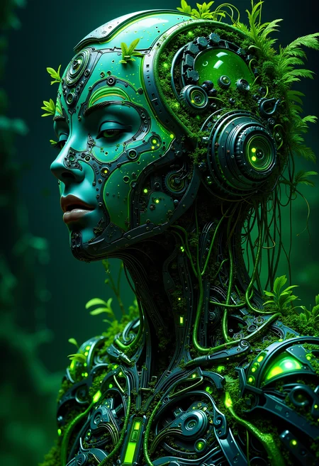 bo-naturepunk, naturecyberpunk, greenpunk, A futuristic, hyperrealistic portrait of a humanoid figure composed of intricate mechanical components and organic elements. The setting features a vibrant, neon green color palette, accented with glowing circuitry and bio-luminescent flora intertwined with metallic surfaces. The background is a dark, abstract digital landscape that enhances the luminous details of the figure. Emphasize the fusion of technology and nature, showcasing gears, wires, and green tendrils seamlessly integrated into the design. The overall aesthetic is a blend of sci-fi and biophilia, conveying a sense of advanced technology harmonizing with organic life.<lora:FLUX Naturepunk\bo-naturepunk-000012.safetensors:1.0:1.0>
