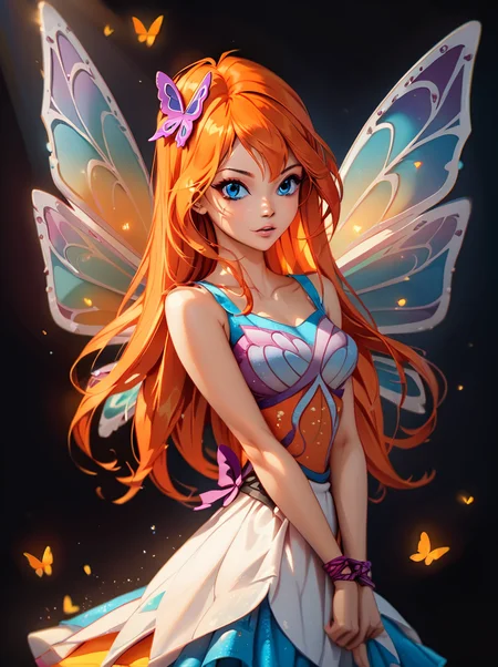 score_9, score_8_up, score_7_up,
 <lora:WinxAndTrixPony:0.8>,winxtrix,
,bloom, butterfly wings, wings, long hair, 1girl, solo, dress, orange hair, fairy, blue eyes, hair ornament,hands down
