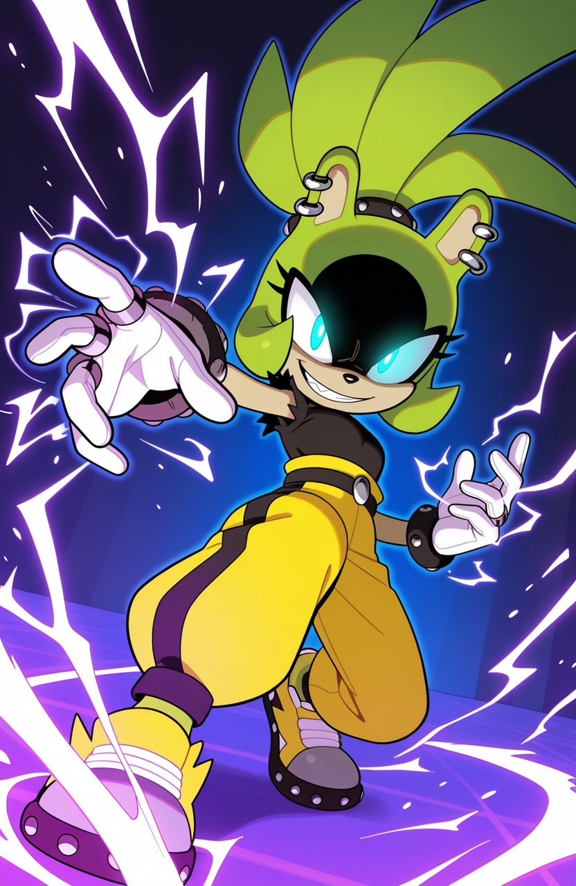 1girl, solo, no humans,  <lora:Surge-the-Tenrec_v41:1> surge the tenrec, black face, aqua eyes, topknot, piercing, earrings, studded bracelet, studded hair tie,
white gloves, ring, black shirt, torn sleeves, yellow pants, baggy pants, belt, grey sneakers, yellow sneakers,
glowing eyes, evil grin, bright pupils, electricity, aura, fighting stance, <lora:DynamicPoseIL2att_alpha1.0_rank4_noxattn_900steps:1> dynamic pose, foreshortening, extreme perspective, extremely detailed, highres, masterpiece, best quality