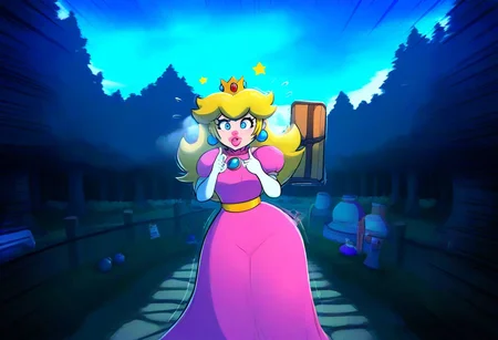 score_9,score_8_up,score_7_up,score_6_up,score_5_up,1girl, (princess_peach),mario_(series),(blonde_hair),blue_eyes,thick lips,glowing eyes,(wide hips),(thick thighs),curvy,happy,(blush stickers),tongue,pink dress,puffy shoulders,flower accesories, gold crown,gold belt,(long hair),(hand sign),white gloves,hair acccessories,holding wooden hammer,Jed-StickyN,belt,bullet belt,potion bottles,(bomb:1.4),lace pink dress,one-piece dress, long skirt,(gun case),CHRC4ND7,(forest),dress made of paper,(jewelry made of candies),(weapons made of paper),thick lips, wooden hut in the background,armory near forest,stone path, (motion lines:1.4),(trembling lines:1.4),(steamy breath),(flying sweatdrops:1.4),(clouds,stone bridge,statues made of paper), deep background,bracalet,gold necklace,mole,(??:1.4),origami, masterpiece,best quality,newest,absurdres,best shadow,light particles,4k,highly detailed background,amazing quality,very detailed clothes,highly detailed skin,wooden fence,umbrella, emphasis lines,very aesthetic,dynamic angle,high quality,gun, best shadows,spoken star,elbow gloves,<lora:add-detail-xl:2>