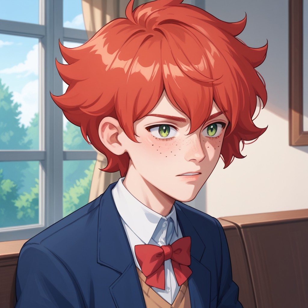 Score_9, Score_8_up, Score_7_up, snapdragon, red hair, short hair, freckles, green eyes, solo, 1boy, school uniform,