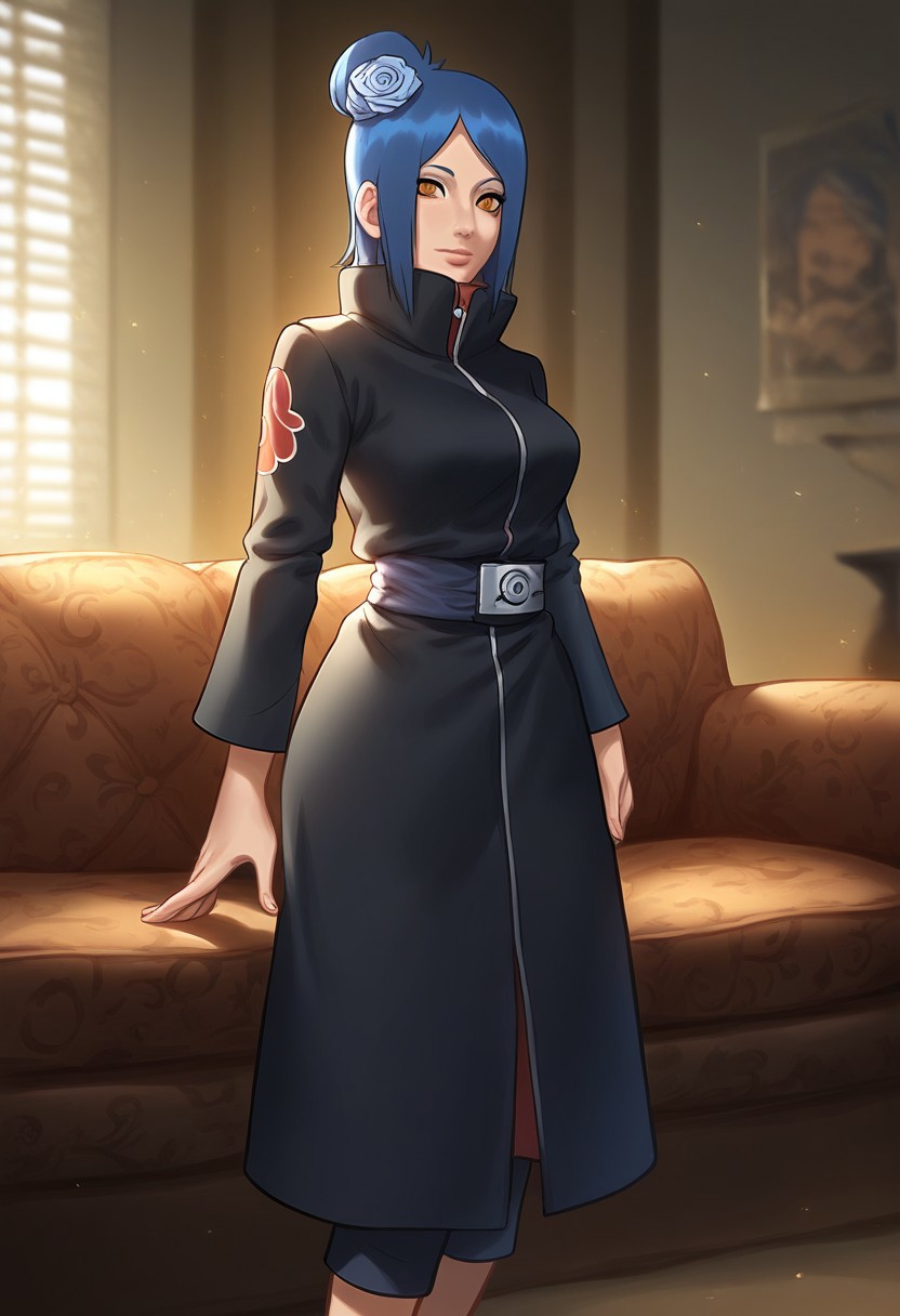 (score_9, score_8_up, score_7_up), 1girl, young adult, ( Konan, from Naruto anime), medium breasts, slim fit, small waist, sexy
KonanNSHXL, makeup, orange eyes, blue hair, short hair, single hair bun, hair flower, medium breasts, high collar, black coat, coat with cloud print, long sleeves, pants, sandals
Ninja house, home, room, sofa, cozy, glossy, pretty girl, focus on girl, aesthetic,