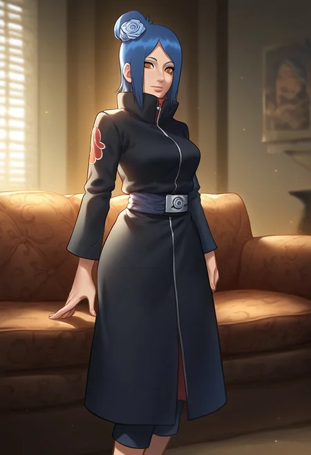 (score_9, score_8_up, score_7_up), 1girl, young adult, ( Konan, from Naruto anime), medium breasts, slim fit, small waist, sexy
KonanNSHXL, makeup, orange eyes, blue hair, short hair, single hair bun, hair flower, medium breasts, high collar, black coat, coat with cloud print, long sleeves, pants, sandals
Ninja house, home, room, sofa, cozy, glossy, pretty girl, focus on girl, aesthetic,