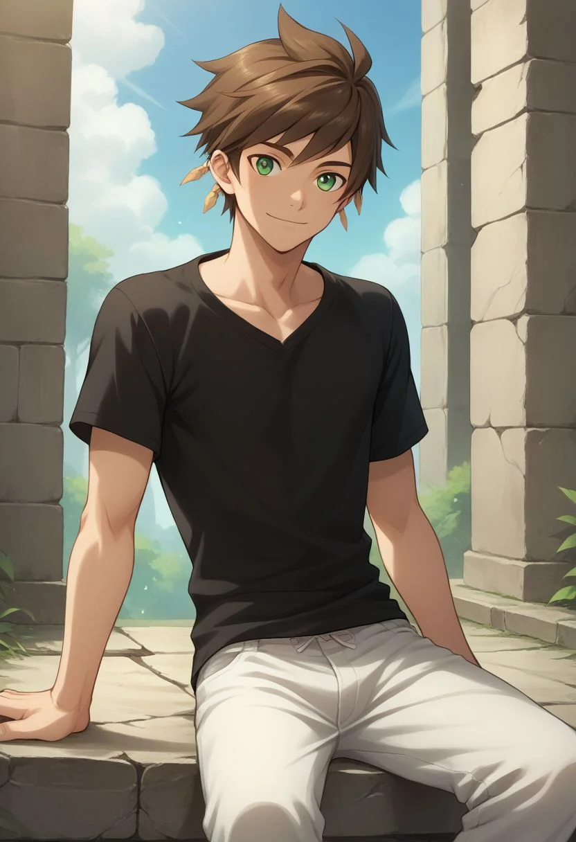 score_9, score_8_up, source_anime, highly detailed, 1boy, solo, male_focus, slender, skinny, 
sorey, solo, brown hair, male focus, smile, 1boy, pants, upper body, green eyes, shirt, black shirt,
outdoor, ruins, sit,