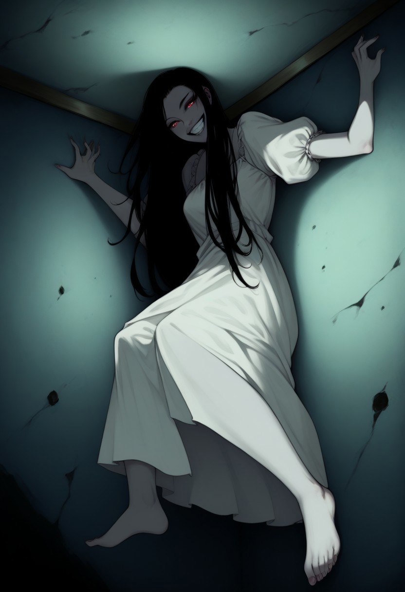 score_9, score_8_up, score_7_up, 1girl, solo, p0ssessed, ceiling, corner. wall, low angle, view from below, against wall, ghost, white dress, long hair, black hair, room, dark, low light, night, DarkFantasy, barefoot, feet, sinozick style, flat color, dark theme, pale skin, grin,