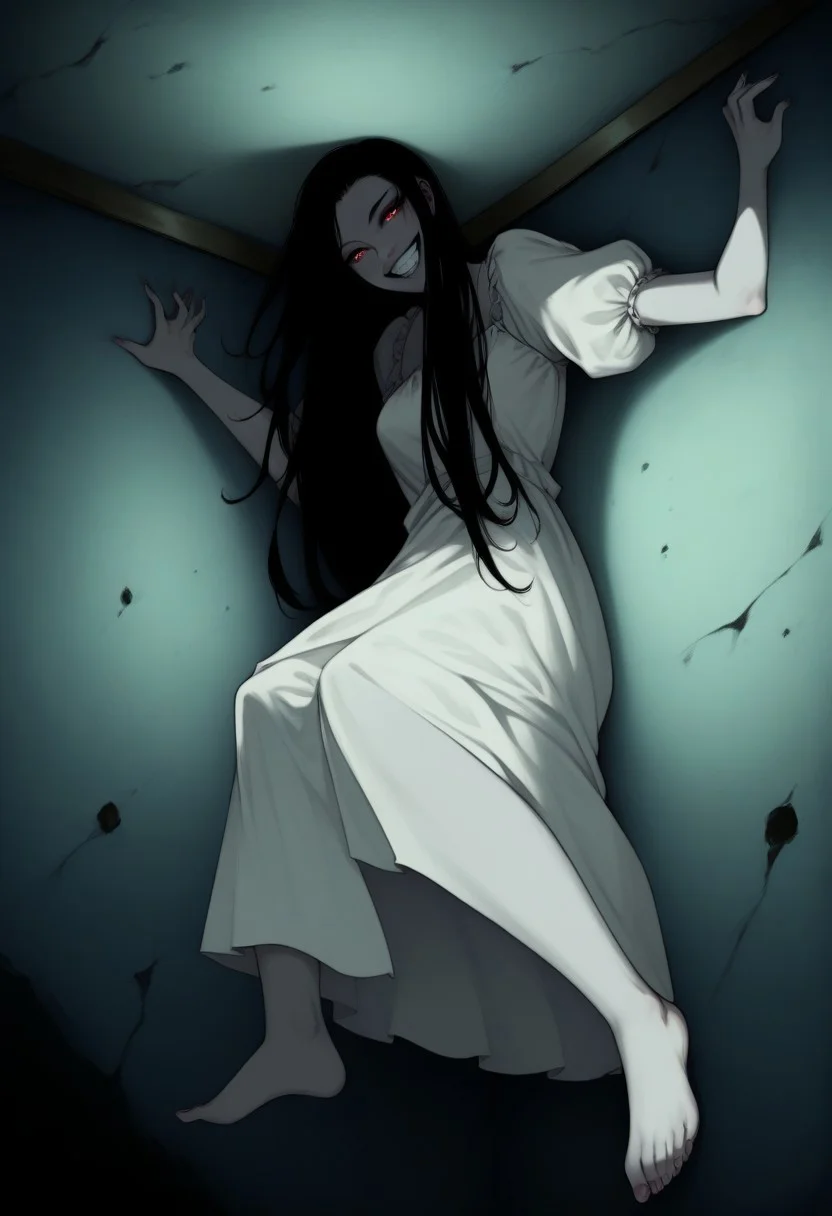score_9, score_8_up, score_7_up, 1girl, solo, p0ssessed, ceiling, corner. wall, low angle, view from below, against wall, ghost, white dress, long hair, black hair, room, dark, low light, night, DarkFantasy, barefoot, feet, sinozick style, flat color, dark theme, pale skin, grin,