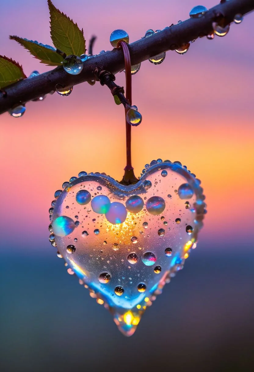 a delicate cherry made of opal hung on branch in the early dusk light, adorned with glistening dewdrops. in the background beautiful see, divine iridescent glowing, opalescent textures, volumetric light, ethereal, sparkling, light inside body, bioluminescence, studio photo, highly detailed, sharp focus