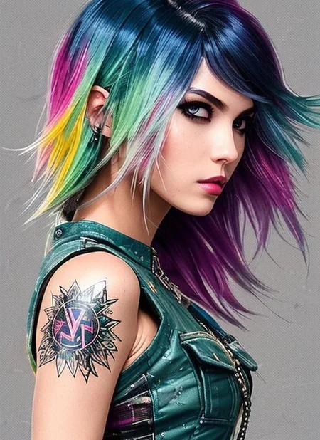 style of joemadureira (nvinkpunk:1.3) (snthwve style:1.4) award winning half body portrait of a woman in a croptop and cargo pants with ombre navy blue teal hairstyle with head in motion and hair flying, paint splashes, splatter, outrun, vaporware, shaded flat illustration, digital art, trending on artstation, highly detailed, fine detail, intricate