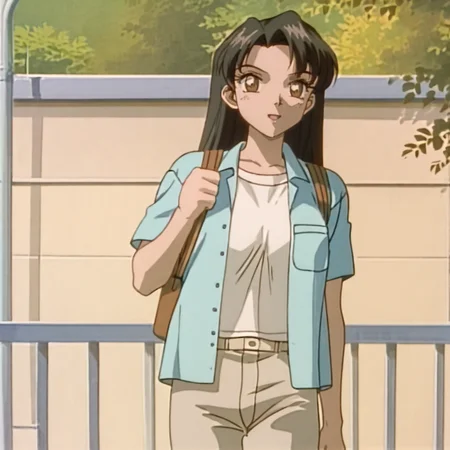 <lora:SakuraOVA_pony_v1:1>SakuraGreenJacketBag, 1girl, retro artstyle, long hair, shirt, 1990s (style), short sleeves, brown eyes, pants, open clothes, black hair, bangs, 1980s (style), cowboy shot