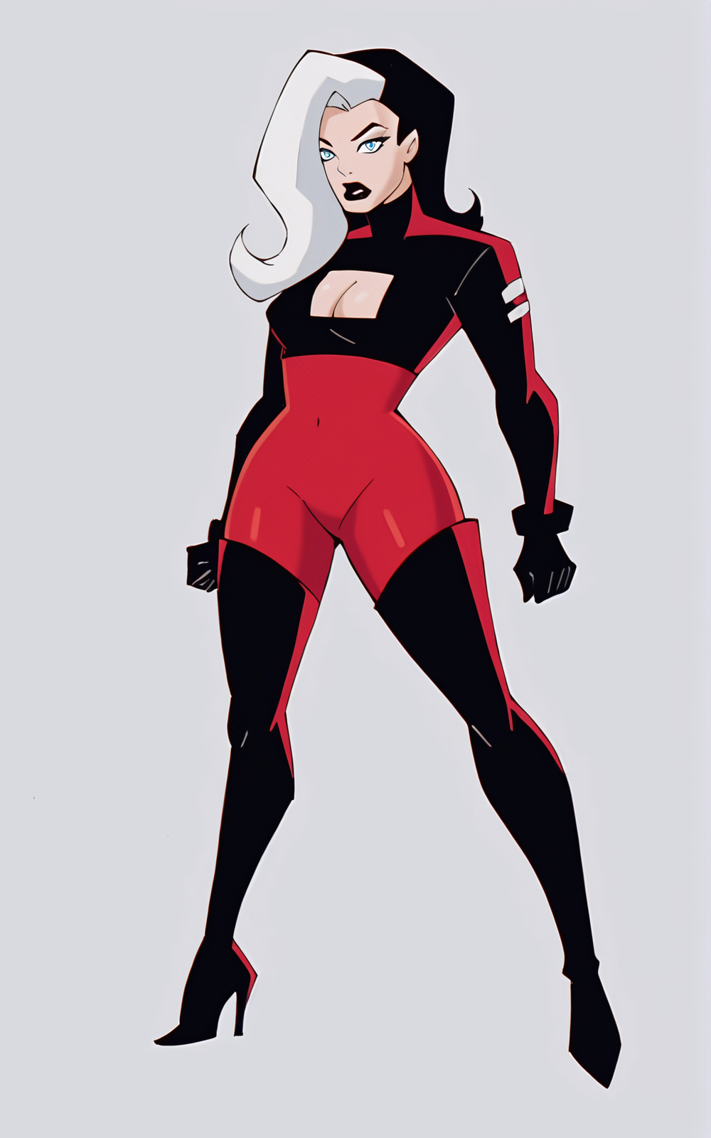 score_9, score_8_up, score_7_up,((best quality)), absurdres, ((full body)), <lora:BolivanteStyle:0.8>, <lora:LBBPXL:0.8>,LBBPXL,split-color hair, red bodysuit, black bodysuit, black hair,long hair,thighhighs, gloves, cleavage, white hair, multicolored hair, boots, high heels, two-tone hair, clothing cutout, bodysuit,makeup, thigh boots, cleavage cutout, lipstick, high heel boots, black lips, white background, long sleeves, black sleeves, blue eyes