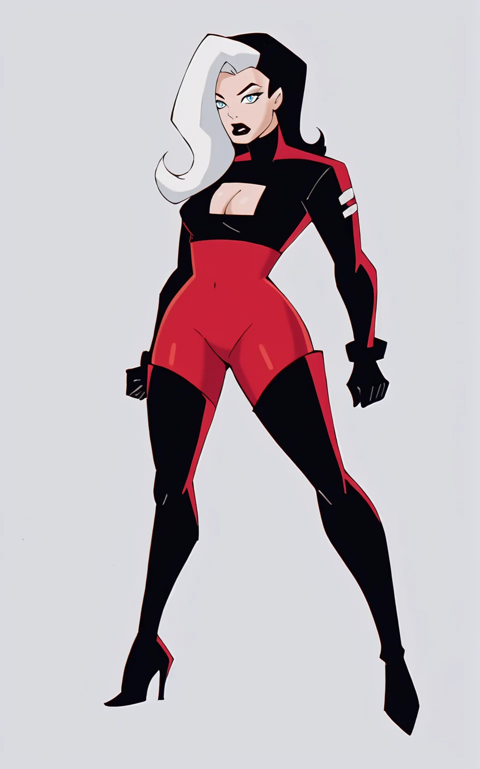 score_9, score_8_up, score_7_up,((best quality)), absurdres, ((full body)), <lora:BolivanteStyle:0.8>, <lora:LBBPXL:0.8>,LBBPXL,split-color hair, red bodysuit, black bodysuit, black hair,long hair,thighhighs, gloves, cleavage, white hair, multicolored hair, boots, high heels, two-tone hair, clothing cutout, bodysuit,makeup, thigh boots, cleavage cutout, lipstick, high heel boots, black lips, white background, long sleeves, black sleeves, blue eyes