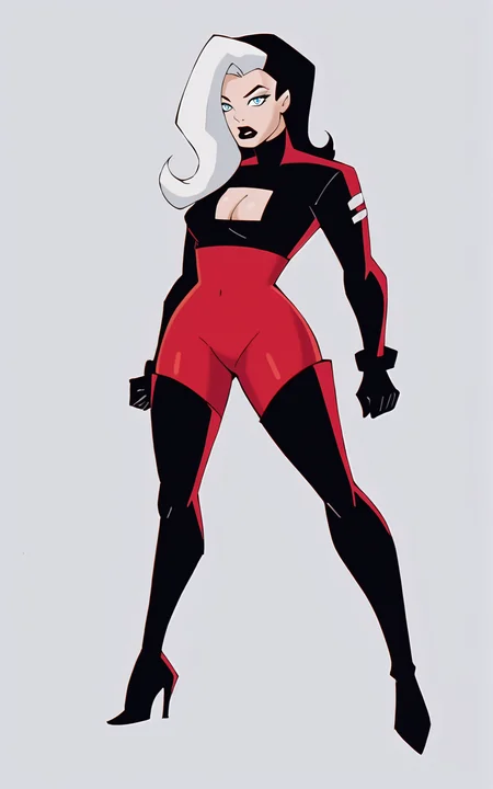 score_9, score_8_up, score_7_up,((best quality)), absurdres, ((full body)), <lora:BolivanteStyle:0.8>, <lora:LBBPXL:0.8>,LBBPXL,split-color hair, red bodysuit, black bodysuit, black hair,long hair,thighhighs, gloves, cleavage, white hair, multicolored hair, boots, high heels, two-tone hair, clothing cutout, bodysuit,makeup, thigh boots, cleavage cutout, lipstick, high heel boots, black lips, white background, long sleeves, black sleeves, blue eyes