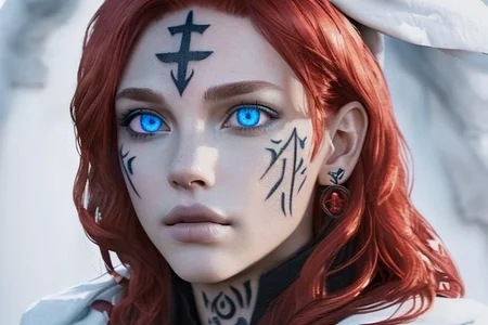 bright red hair, human female, (feminine:1.7), (beautiful face, detailed face:1.6), (beautiful eyes, detailed eyes:1.7), (looking at viewer, eye contact, intense:1.6), (long hair, red hair, curly hair:1.3), , ((masterpiece, best quality, high resolution, realistic, best quality,)), photo realistic, Perfect Face, (detailed face). <lora:GoodHands-vanilla:0.6> <lora:add-detail-xl:0.8>, mage, (Dress White military uniform coat), dagger, rune dagger, glowing runes, , (((glowing magic symbols tattoos, religious tattoos))), ((face tattoos)), glowing tattoos, stone tower in the background