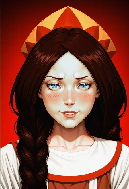 cinematic photo anime artwork masterpiece, best quality, amazing quality, very aesthetic, <lora:zabava:1> zabava, 1girl, long hair, solo, brown hair, blue eyes, blush , very long hair, twin braids,mature female, 
<lora:nikifilini:1> nikifilini, looking at viewer, loose hair,
 (incredibly absurdres. highres. masterpiece. newest:1.1). ultra-detailed illustration artwork. (solipsist:1.2), (painterly, painting \(medium\):1.2). (bleach artwork:0.6), neo-samurai theme, tokio theme. smug. leaning forward. dynamic pose. dutch angle. kuchiki rukia, 1girl solo. portrait facing viewer. straight-on. reaching towards viewer. sharp fingernails. looking at viewer. half-closed eyes, narrowed eyes.  slit pupils. parted lips, lips. nose.  red background, simple background. yandere.   horror \(theme\). very aesthetic. beautiful and intricate . anime style, vibrant, studio anime, highly detailed . anime style,  vibrant, studio anime, highly detailed . 35mm photograph, film, bokeh, professional, 4k, highly detailed
