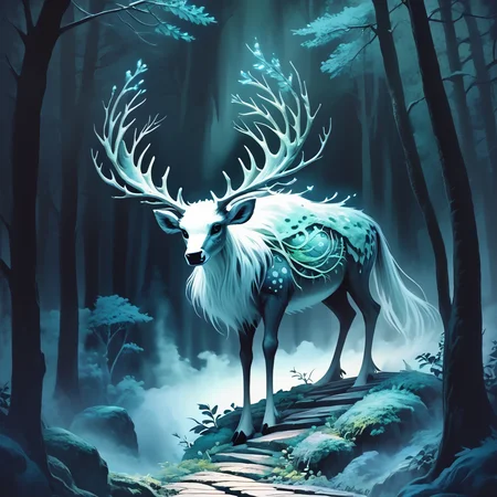 Score_9, score_8_up, score_7_up, score_6_up, BREAK <lora:Dark_GhibliPony:1> Studio Ghibli Dark Fairytale, The image is a digital illustration of a white deer standing in a dark forest. The deer has long flowing white fur and large antlers that are spread out in all directions. It is standing on a stone path that winds through the trees with a stone wall on one side and a small stream running alongside it. The trees are tall and dense with many branches reaching up towards the sky. The background is a mix of green and blue tones giving the impression of a foggy and misty atmosphere. The overall mood of the image is peaceful and serene., nature, no humans, forest, tree, antlers, deer, outdoors, scenery, plant, horns