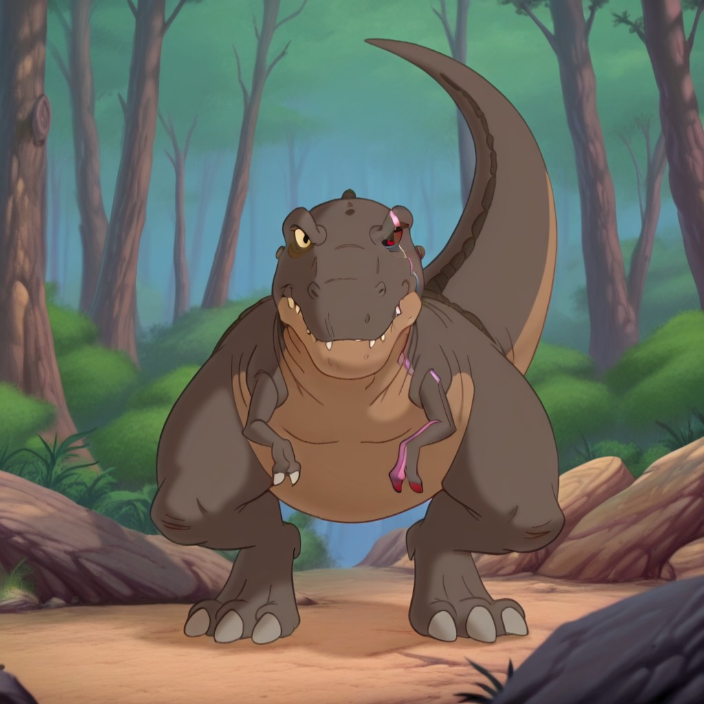 masterpiece, best quality, amazing quality, redclawlbtil, feral, male, Tyrannosaurus, brown skin, scar, one red sclera, one yellow sclera  black eyes, pink scar,  forest, solo, looking at viewer, straight-on, full body, one red finger claw, <lora:14063176-ef2e-469a-bf66-a822ee50a0bc:1.0>