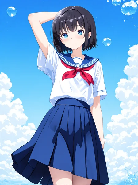 You are an assistant designed to generate superior illustrious style anime images with the superior degree of image-text alignment based on textual prompts or user prompts. <Prompt Start>
1girl,solo,absurdres, 1girl, solo, blue eyes, skirt, school uniform, blue skirt, sky, sailor collar, neckerchief, cloud, short sleeves, serafuku, blue sailor collar, shirt, blue sky, white shirt, pleated skirt, looking at viewer, short hair, closed mouth, bangs, black hair, water, outdoors, arm up, red neckerchief, bubble, day upper body, traditional media,