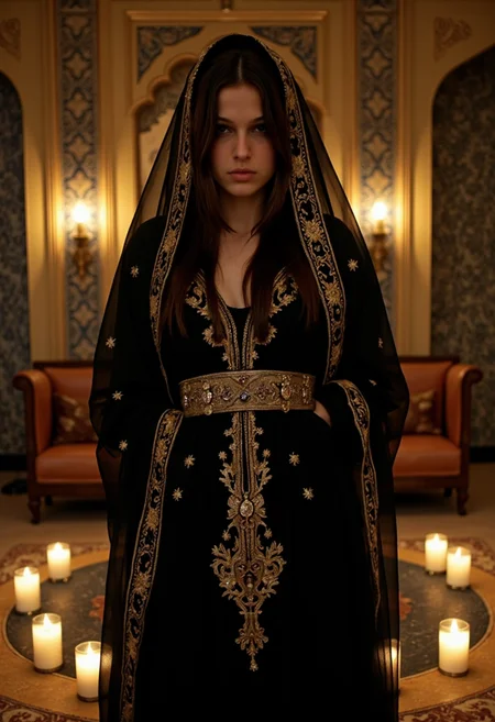 iphone photo (full body shot:1.5) image of an (25-year-old:1.1) incredibly beautiful Arabian woman wearing an elegant black gown adorned with gold embroidery and sequins. A delicately embroidered scarf frames her face. Background features a luxurious Middle Eastern interior with mosaic patterns and soft glowing lanterns. Her expression is mysterious, with porcelain-like skin
(photorealistic:1.25), UHD, (shot on a Sony A7III:1.25), optimal photography, natural lighting . large depth of field, deep depth of field, highly detailed