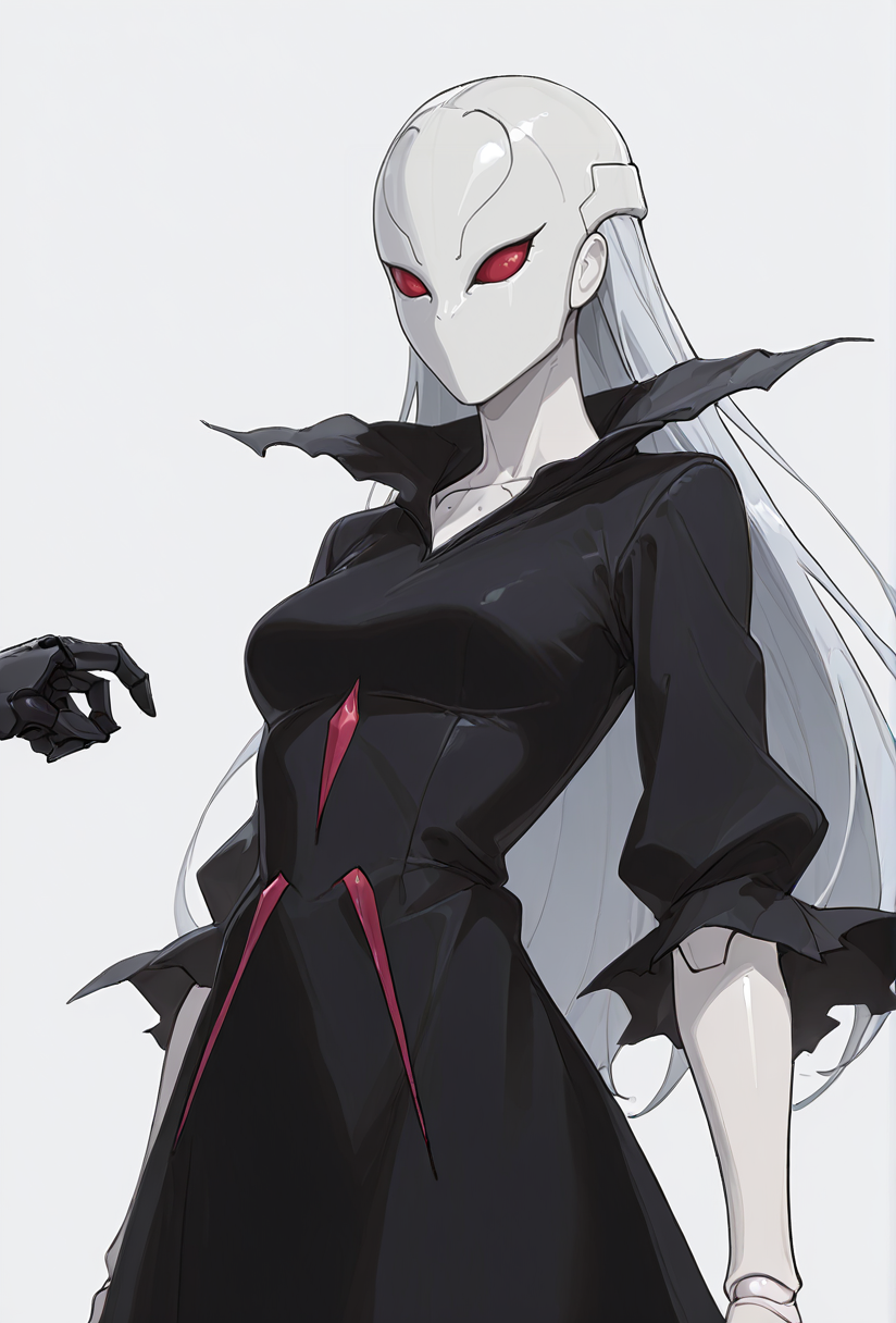 Smooth Quality,masterpiece,very intricate, high quality details, ultra realistic, high detailed skin,detailed enviorement,absurdres,
simple background, white background, 
sway back,horrified,
 <lora:Berettacnn:0.8>  beretacnn,.1girl, long hair,red eyes, (mask:1.1), black dress,silver hair, doll joints, no humans, no mouth,