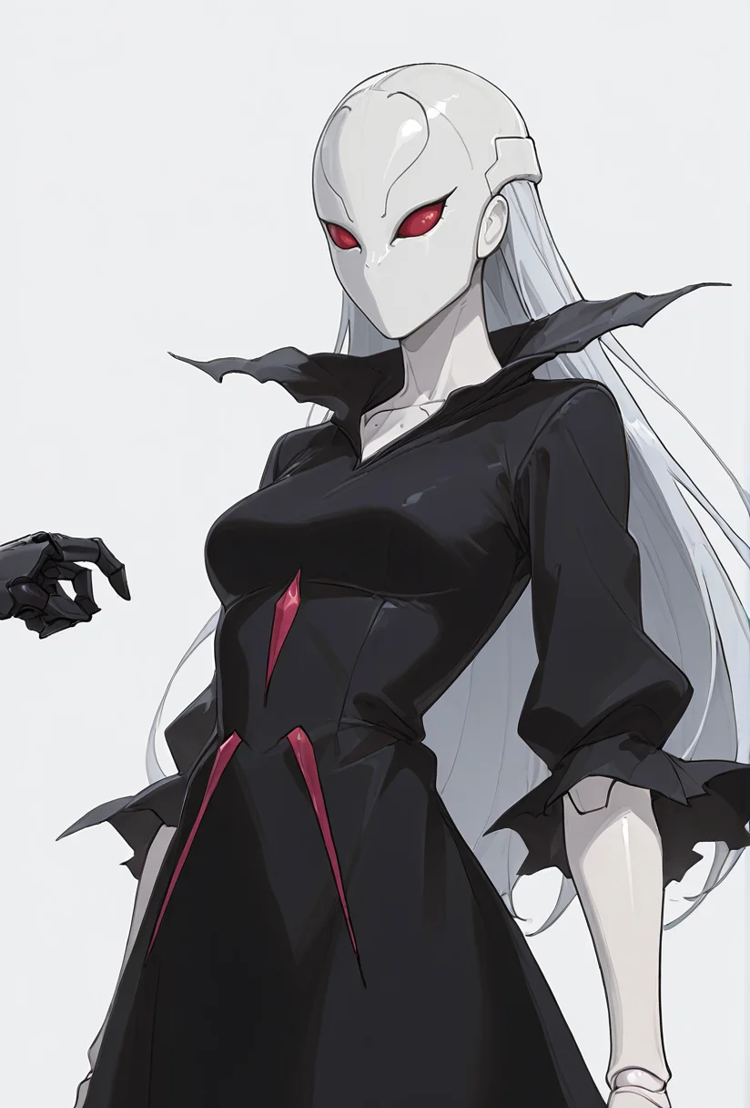 Smooth Quality,masterpiece,very intricate, high quality details, ultra realistic, high detailed skin,detailed enviorement,absurdres,
simple background, white background, 
sway back,horrified,
 <lora:Berettacnn:0.8>  beretacnn,.1girl, long hair,red eyes, (mask:1.1), black dress,silver hair, doll joints, no humans, no mouth,