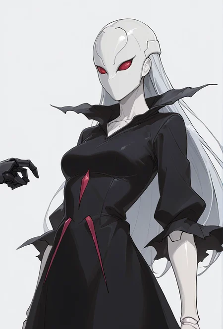 Smooth Quality,masterpiece,very intricate, high quality details, ultra realistic, high detailed skin,detailed enviorement,absurdres,
simple background, white background, 
sway back,horrified,
 <lora:Berettacnn:0.8>  beretacnn,.1girl, long hair,red eyes, (mask:1.1), black dress,silver hair, doll joints, no humans, no mouth,