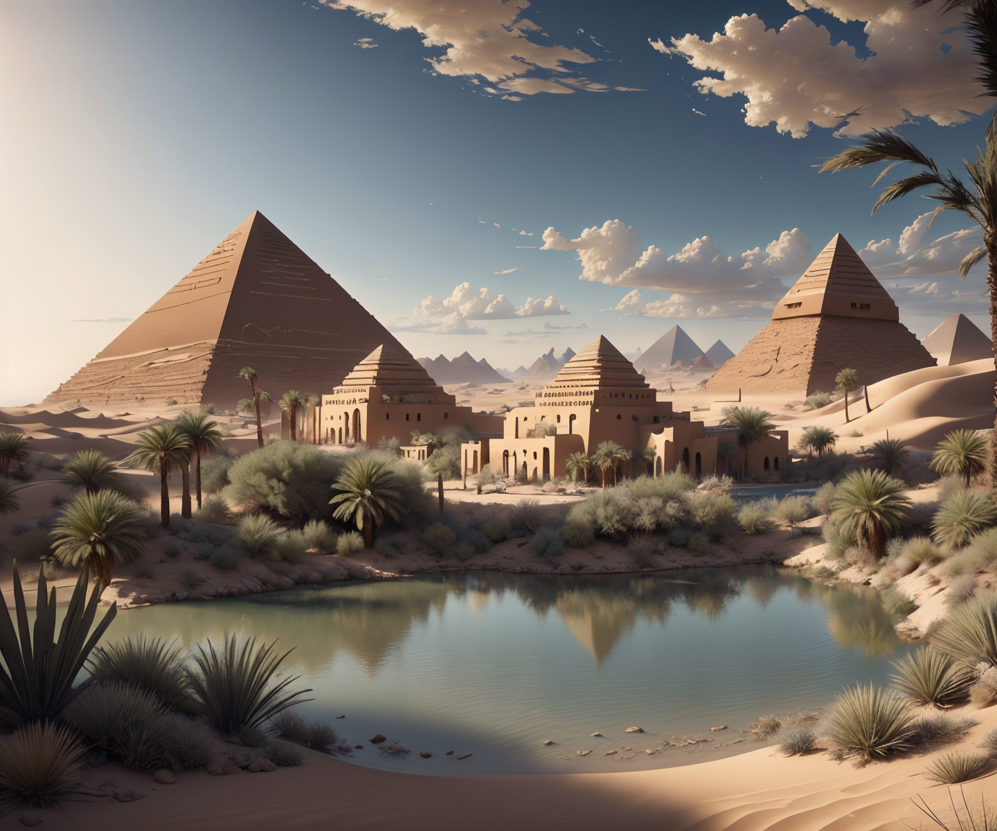 RAW photo, (masterpiece:1.3), subsurface scattering, heavy shadow, (high quality:1.4), (intricate, high detail:1.2), professional photography, HDR, High Dynamic Range, realistic, ultra realistic, photorealistic, high resolution, film photography, ambient lighting, atmospheric effects, <lora:detail_slider_v4:2>, OverallDetail,  <lora:Oasis:1>, a small oasis in the desert, palm trees, shrubs, a pyramid in the background