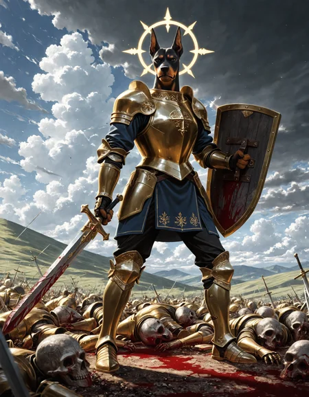 embedding:IllusP0s
,anthropomorphic knight, doberman head, standing, imposing, shield, holding sword, gold plate armor, scowl, v-shaped eyebrows,holy ophanim halo,greaves
,cloudy, godrays, sunshine, hills background
,wide shot, depth of field, realism, no humans, corpses,covered in blood, battlefield,solo
