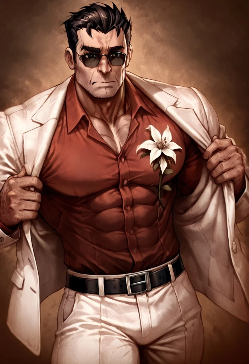 masterpiece, best quality, newest, absurdres, highres, D3CSPS-V1.0, brown theme, sepia, 1boy, helltaker \(helltaker\), black hair, short hair, muscular, muscular male,
sunglasses, glasses,
white jacket, white pants, black belt, red shirt, formal clothes, flower in clothes, open jacket