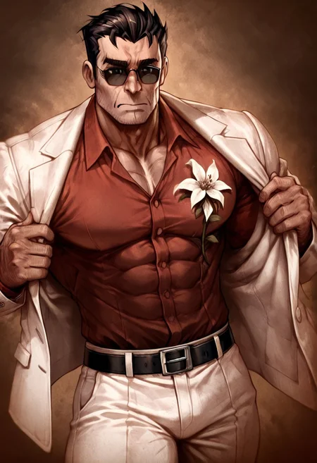 masterpiece, best quality, newest, absurdres, highres, D3CSPS-V1.0, brown theme, sepia, 1boy, helltaker \(helltaker\), black hair, short hair, muscular, muscular male,
sunglasses, glasses, 
white jacket, white pants, black belt, red shirt, formal clothes, flower in clothes, open jacket