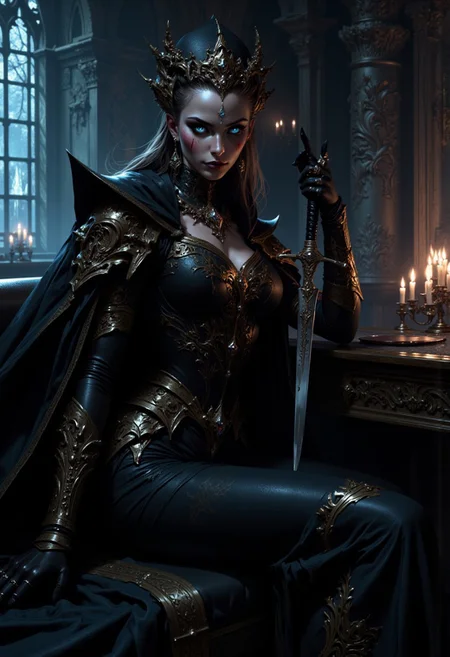 score_9, score_8_up, score_7_up, full body, long shot, 
"There sat in a booth to the side of the room a handsome dark haired young assassin, of considerable charm, though her aristocratic hauteur appeared an icy languid sophistication. She wielded an ornate dagger with ease."
 FredFraiStyle, Warrior, mythp0rt, Decadent artistic movement, unhinged, excess