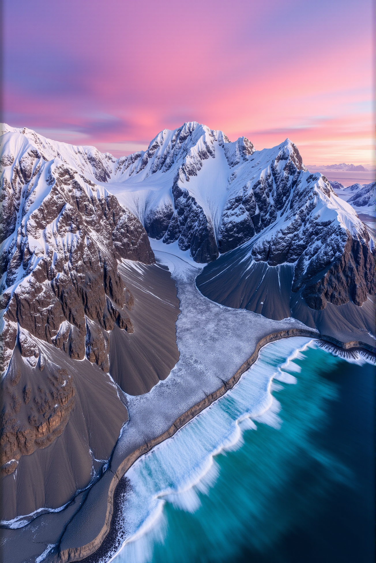 <lora:Ice_Desert_style:0.8> IceDesert style.
Snow-laced mountain ranges plunge into the northern sea, their rugged granite slopes frosted with crystalline snow that clings to cliffs and ridges with brushstroke delicacy. A narrow inlet winds between steep fjords, feeding into an icy turquoise bay that gently ripples beneath a breathtaking aurora-hued sky. The atmosphere glows in layered tones of blush pink, amber, and violet, each stroke enhancing the jagged peaks and shimmering waters. Captured in sweeping panoramic format with a wide-angle lens from a high elevation vantage, the composition reveals fractal coastal symmetry and layered geological complexity. Snow drapes the land in gentle contrast, softening the jagged landscape while waves break in thin white lines along the rock-strewn shore. A sublime fusion of cold terrain and radiant sky—a living painting etched in ice, granite, and light.