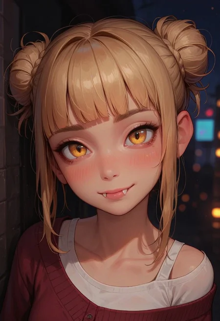 score_9_up, score_8_up, score_7_up, score_6_up, 1girl, 25 years old, perfect face, cute, petite,
detailed face, portrait, face focus, depth of field, looking at viewer, blush, shy smile, close up,
fangs,
yellow eyes,
blonde hair, blunt bangs, sidelocks, hair bun, double bun, messy hair,
white shirt, brown cardigan, off shoulder,
night, city view,
bags under eyes, closed mouth
