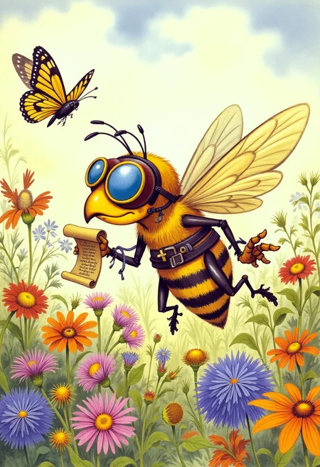 Old book illustration style, colored drawing of a busy honeybee wearing tiny goggles and a tool belt, buzzing energetically around a vibrant wildflower meadow. The bee holds a miniature scroll and carries a tiny satchel filled with pollen. Surrounding the bee are bright blossoms, fluttering butterflies, and sparkling dew drops. The scene is illuminated by warm sunlight filtering through soft clouds, painted with delicate brushstrokes and rich, natural colors, evoking a lively, whimsical storybook atmosphere. <lora:oldillustration_V1.1:0.9>