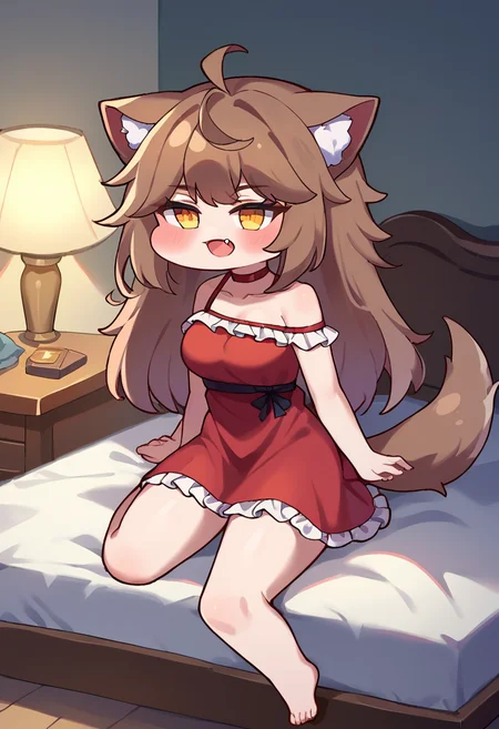 score_9,score_8_up,score_7_up,source_anime,zPDXL3,bedroom, on bed,
*//*,<lora:Trickal_Revive-Pony:1>,chibi,full body,1girl,medium breasts,skin fang,
brown hair,straight hair,long hair,wolf ears,wolf tail,bare shoulders,
red sleeveless,red tank dress,shoulder strap,white frills,
*//*,