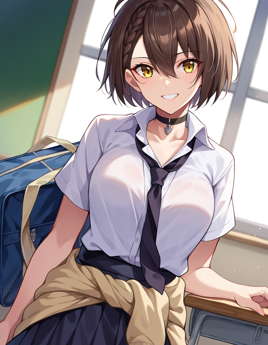 score_9, score_8_up, score_7_up, source_anime,
azurlanebaltimore, <lora:azur-lane-baltimore-ponyxl-lora-nochekaiser:1>,
baltimore, brown hair, yellow eyes, braid, ahoge, short hair, french braid, hair between eyes, bob cut,
beige cardigan, beige sweater, black choker, black necktie, black skirt, cardigan, cardigan around waist, choker, clothes around waist, collared shirt, loose necktie, necktie, official alternate costume, school bag, shirt, shirt tucked in, short sleeves, skirt, sweater, sweater around waist, tied sweater, white shirt,
indoors, classroom, smile,
looking at viewer, cowboy shot, dutch angle,