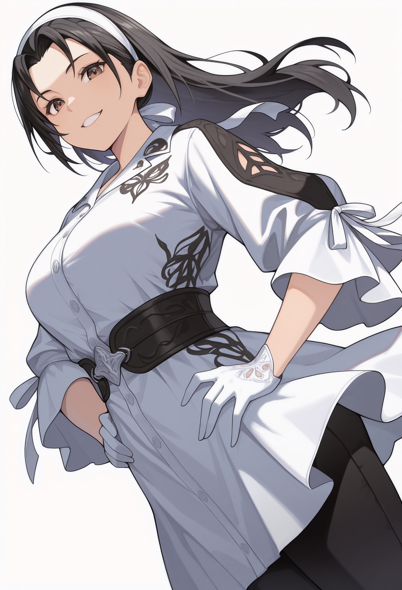 1girl, solo, white background, hand on own hip, grin, looking at viewer, dutch angle,
black hair, long hair, white gloves, brown eyes, white hairband, white dress, white ribbon, black pants,
masterpiece, best quality, <lora:jun_kazama-guy90-Illust-LoraV101:1>, amanuj