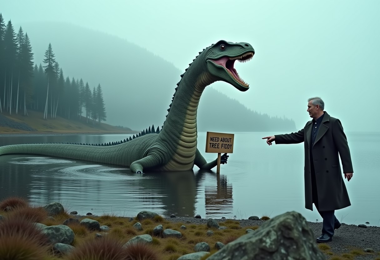 detailed RAW photo, HD32K, wallpaper, 4K, 8K, abusrdres, masterpiece, hyper detailed, promotional movie screenshot, PR photo, breathtaking, perfect hands, detailed face, realistic skin texture, realistic clothing texture, BREAK a whimsical, mysterious and errie picture. The Loch Ness monster, an ancient and grimy plesiosaurus covered with algae and barnacles with warty, thick skin and a stoner face, is half emerged from the water and holding a sign saying "NEED ABOUT TREE FIDDY" in its flippers, near the shore of an ancient scottish lake with moss-covered rocks and low spruce and  heath vegetation. There weather is mysteriously foggy and rainy, and a scottish man walking along the shore points at it shocked and in horror.