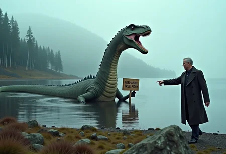 detailed RAW photo, HD32K, wallpaper, 4K, 8K, abusrdres, masterpiece, hyper detailed, promotional movie screenshot, PR photo, breathtaking, perfect hands, detailed face, realistic skin texture, realistic clothing texture, BREAK a whimsical, mysterious and errie picture. The Loch Ness monster, an ancient and grimy plesiosaurus covered with algae and barnacles with warty, thick skin and a stoner face, is half emerged from the water and holding a sign saying "NEED ABOUT TREE FIDDY" in its flippers, near the shore of an ancient scottish lake with moss-covered rocks and low spruce and  heath vegetation. There weather is mysteriously foggy and rainy, and a scottish man walking along the shore points at it shocked and in horror.